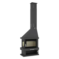 Chimenea Leña 2 Caras                        Cristal Izquierdo                                 Interior Vermiculita                             Cristal Serigrafiado en Puerta                               Potencia Máxima 14 KW.